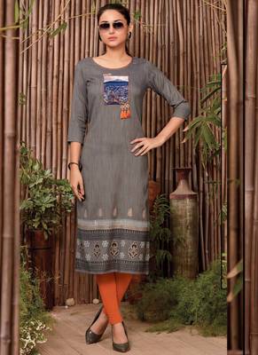 Grey Rayon Printed Long Kurtis 1