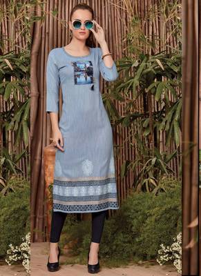 Aqua Blue Rayon Printed Long Kurtis 1