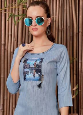Aqua Blue Rayon Printed Long Kurtis 2