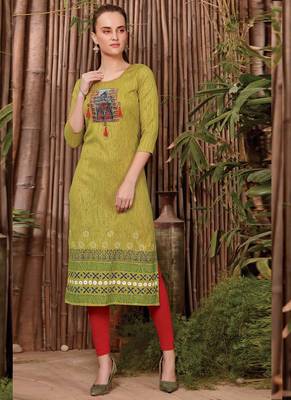 Olive Rayon Printed Long Kurtis 1