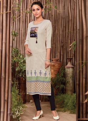 Off White Rayon Printed Long Kurtis 1