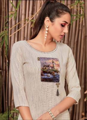 Off White Rayon Printed Long Kurtis 2