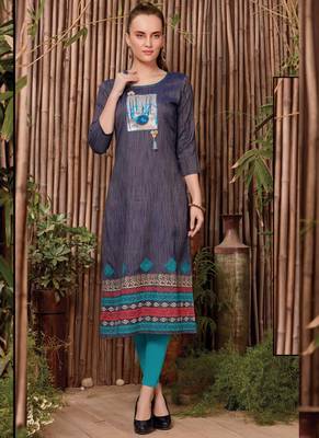 Light Blue Rayon Printed Long Kurtis 1