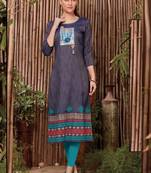 Light Blue Rayon Printed Long Kurtis
