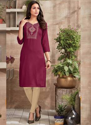 Dark Maroon Rayon Embroidered Long Kurtis 1
