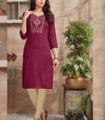 Dark Maroon Rayon Embroidered Long Kurtis
