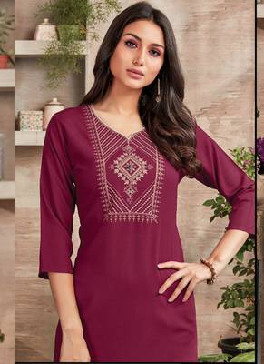 Dark Maroon Rayon Embroidered Long Kurtis 2
