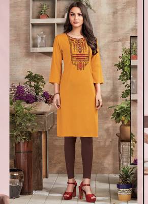 Yellow Rayon Embroidered Long Kurtis 1