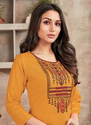 Yellow Rayon Embroidered Long Kurtis 2