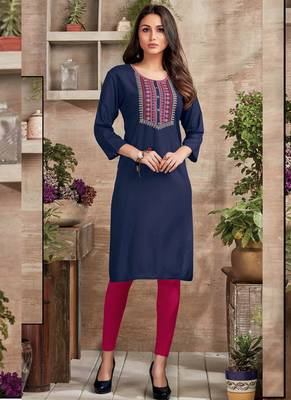 Blue Rayon Embroidered Long Kurtis 1