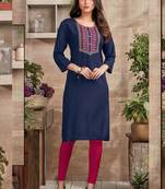 Blue Rayon Embroidered Long Kurtis