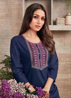 Blue Rayon Embroidered Long Kurtis 2