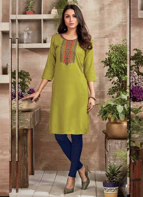 Olive Rayon Embroidered Long Kurtis 1