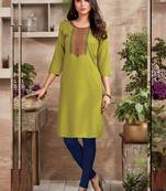 Olive Rayon Embroidered Long Kurtis