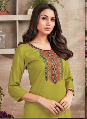 Olive Rayon Embroidered Long Kurtis 2