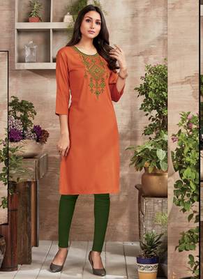 Orange Rayon Embroidered Long Kurtis 1