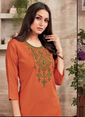 Orange Rayon Embroidered Long Kurtis 2