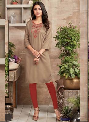 Beige Rayon Embroidered Long Kurtis 1