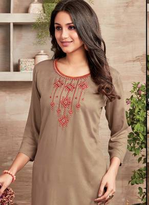 Beige Rayon Embroidered Long Kurtis 2