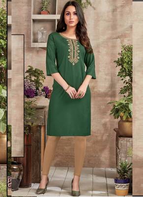 Dark Green Rayon Embroidered Long Kurtis 1