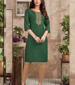 Dark Green Rayon Embroidered Long Kurtis