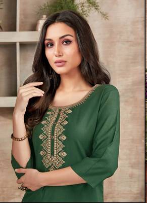Dark Green Rayon Embroidered Long Kurtis 2