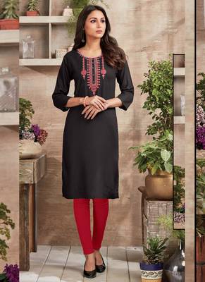 Black Rayon Embroidered Long Kurtis 1