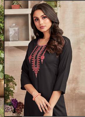 Black Rayon Embroidered Long Kurtis 2