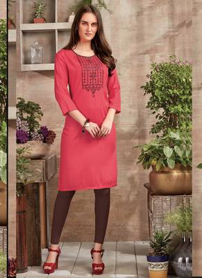 Dark Peach Rayon Embroidered Long Kurtis 1
