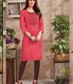 Dark Peach Rayon Embroidered Long Kurtis