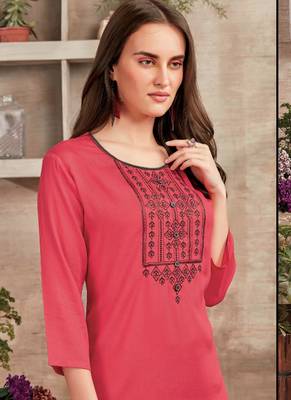 Dark Peach Rayon Embroidered Long Kurtis 2