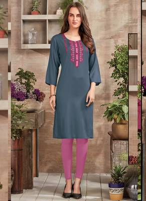 Grey Rayon Embroidered Long Kurtis 1