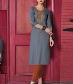 Grey Rayon Embroidered Long Kurtis