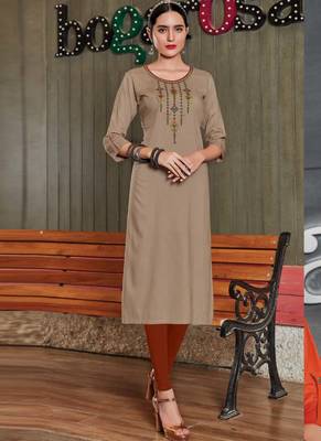 Beige Rayon Embroidered Long Kurtis 1