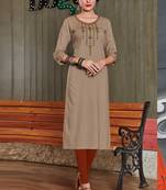Beige Rayon Embroidered Long Kurtis