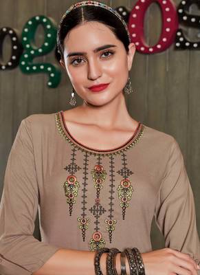 Beige Rayon Embroidered Long Kurtis 2