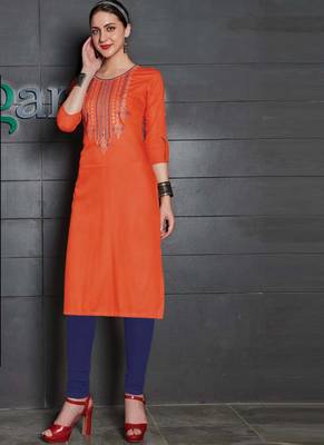 Orange Rayon Embroidered Long Kurtis 1