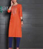 Orange Rayon Embroidered Long Kurtis