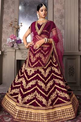 Wine Embroidered Velvet Unstitched Lehenga 1