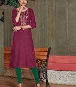 Maroon Rayon Embroidered Long Kurtis