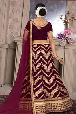 Wine Embroidered Velvet Unstitched Lehenga 2