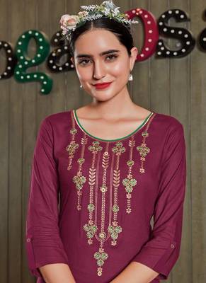 Maroon Rayon Embroidered Long Kurtis 2