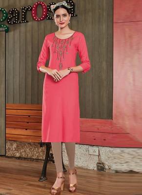 Dark Pink Rayon Embroidered Long Kurtis 1