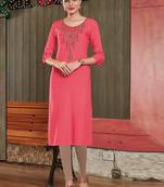 Dark Pink Rayon Embroidered Long Kurtis