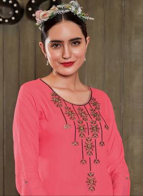 Dark Pink Rayon Embroidered Long Kurtis 2