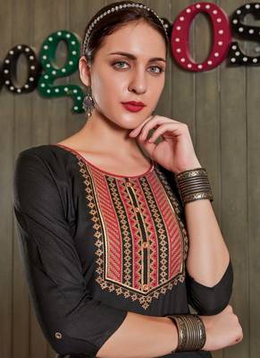 Black Rayon Embroidered Long Kurtis 2