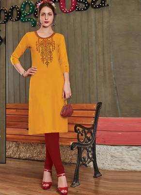 Yellow Rayon Embroidered Long Kurtis 1