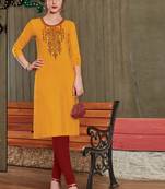 Yellow Rayon Embroidered Long Kurtis