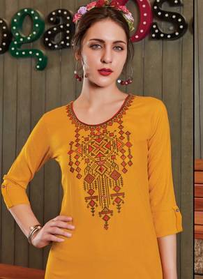 Yellow Rayon Embroidered Long Kurtis 2