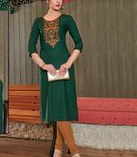 Dark Green Rayon Embroidered Long Kurtis